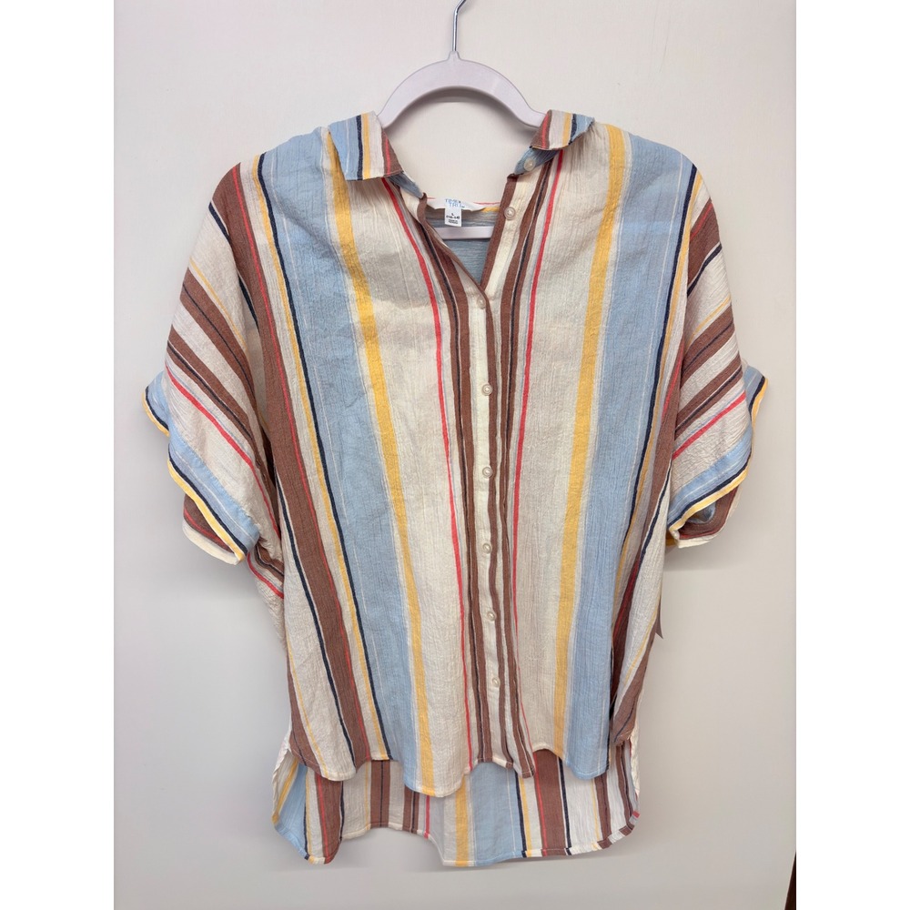 Boho Coastal Grandma Shirt Striped Cotton Gauze Women L Multi-Color Cover Up